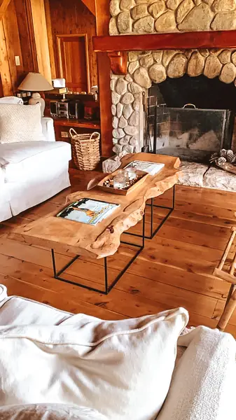 Living con hogar de piedra y mesa ratona de madera