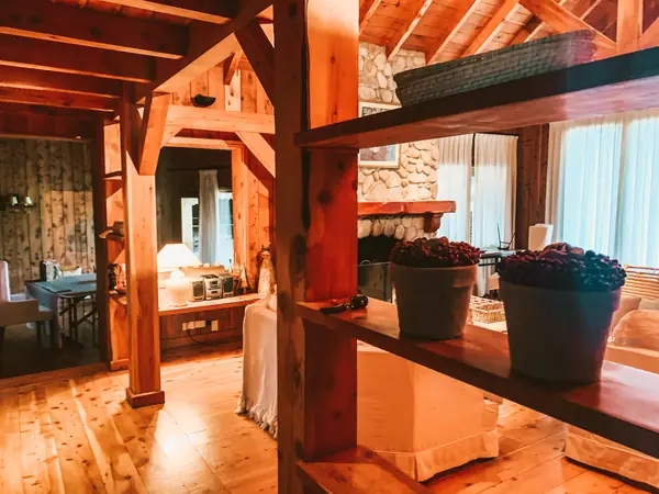 Living comedor con vigas y columnas de madera a la vista